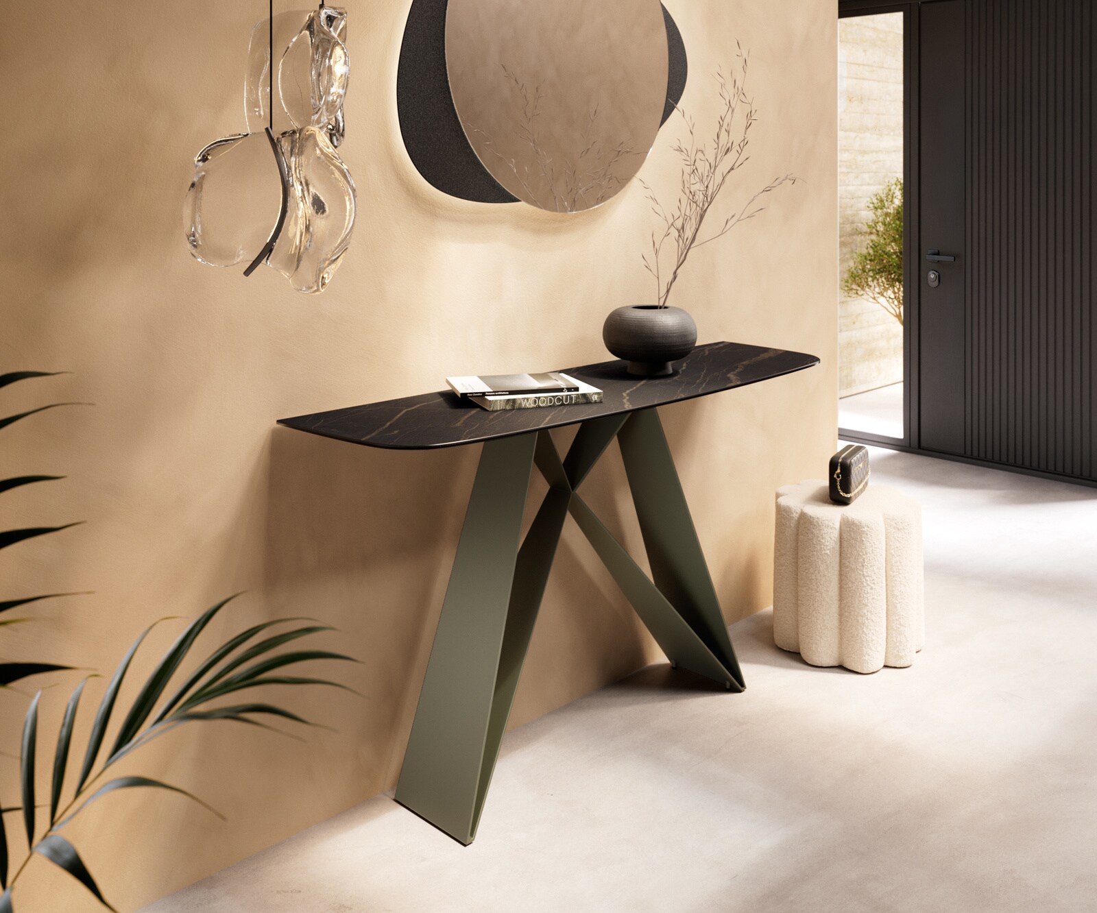 Consoletafel Edge Bootvorm 140x40 cm Keramiek Laminam® Noir Desir Braun Velio Metaal Effektfinish Titan 4