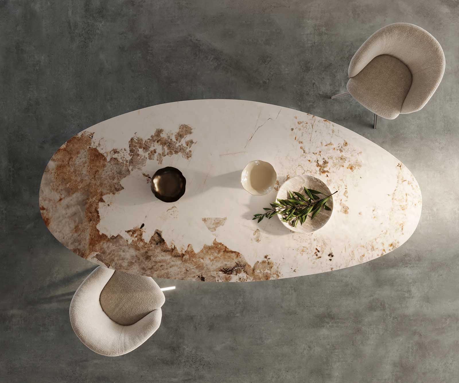 Eettafel Edge ovaal 280x130 keramiek Minas Melange wit-beige pilier roestvrij staal 5 Eettafel Edge ovaal 280x130 keramiek Minas Melange wit-beige pilier roestvrij staal 5