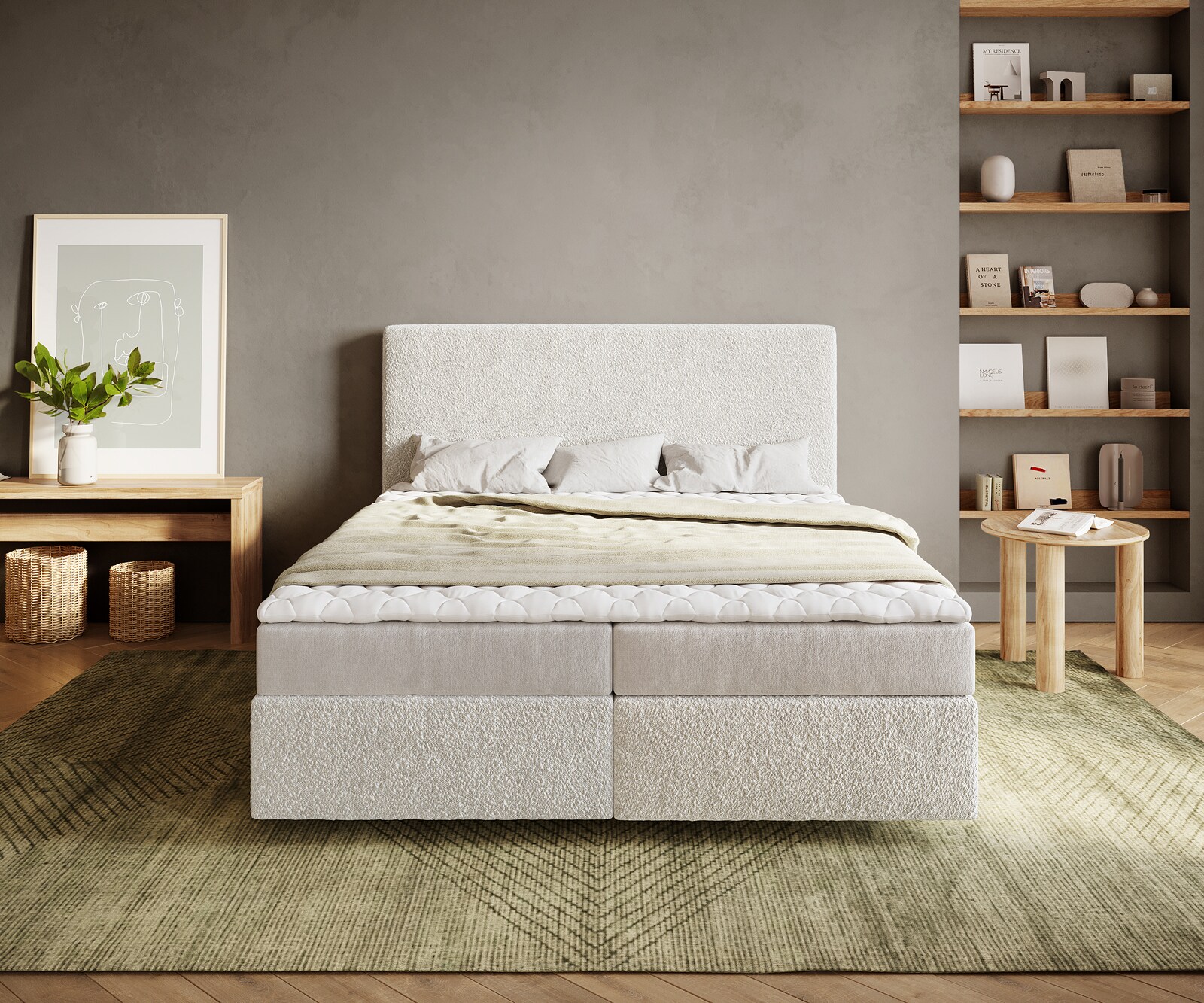 Boxspringbed Dream-Well 160x200 cm Bouclé Crème-Wit met Matras en Topper 1
