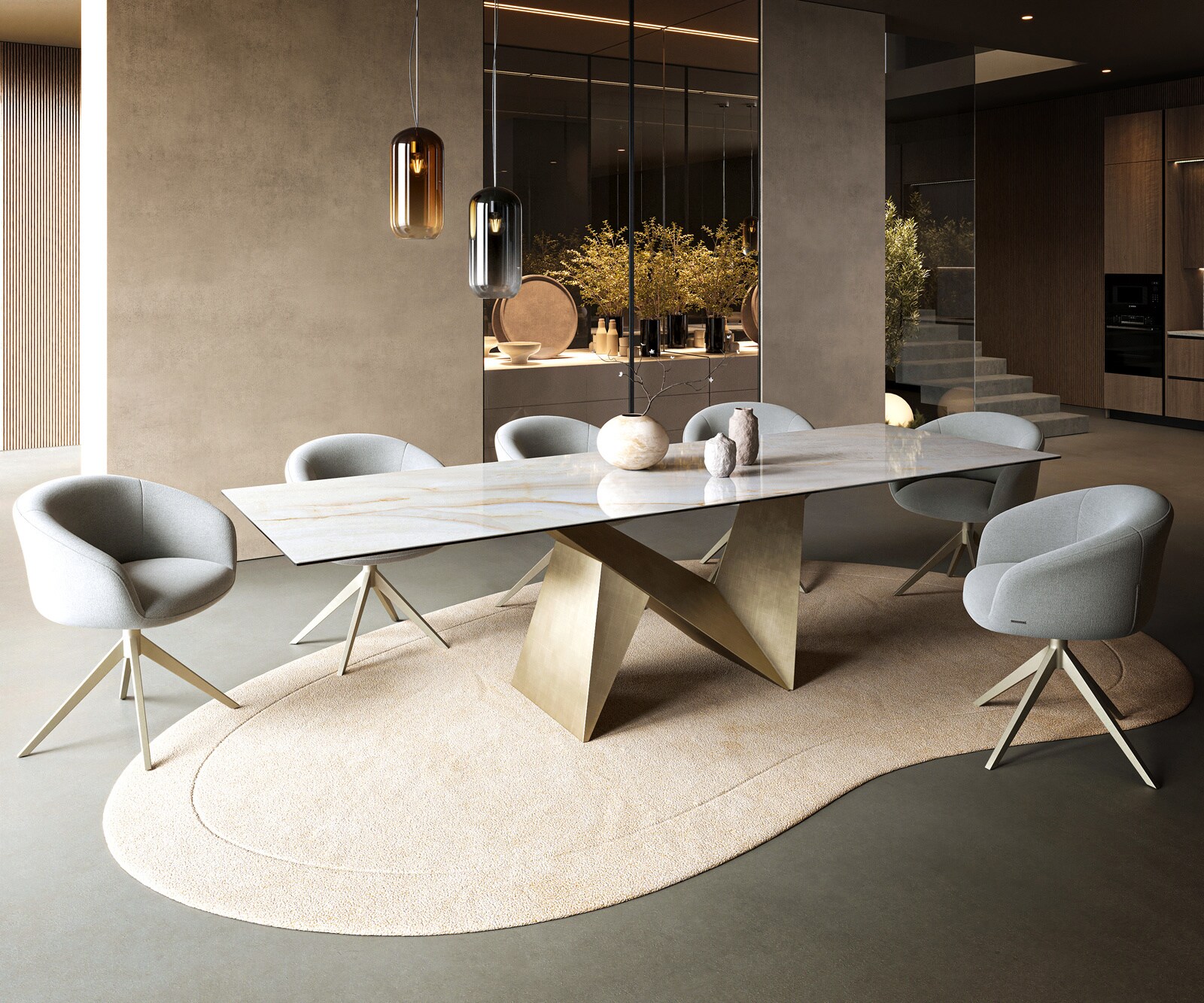 Eettafel Edge 300x100 cm keramiek Onyx Pearl Origami metallic goud 7