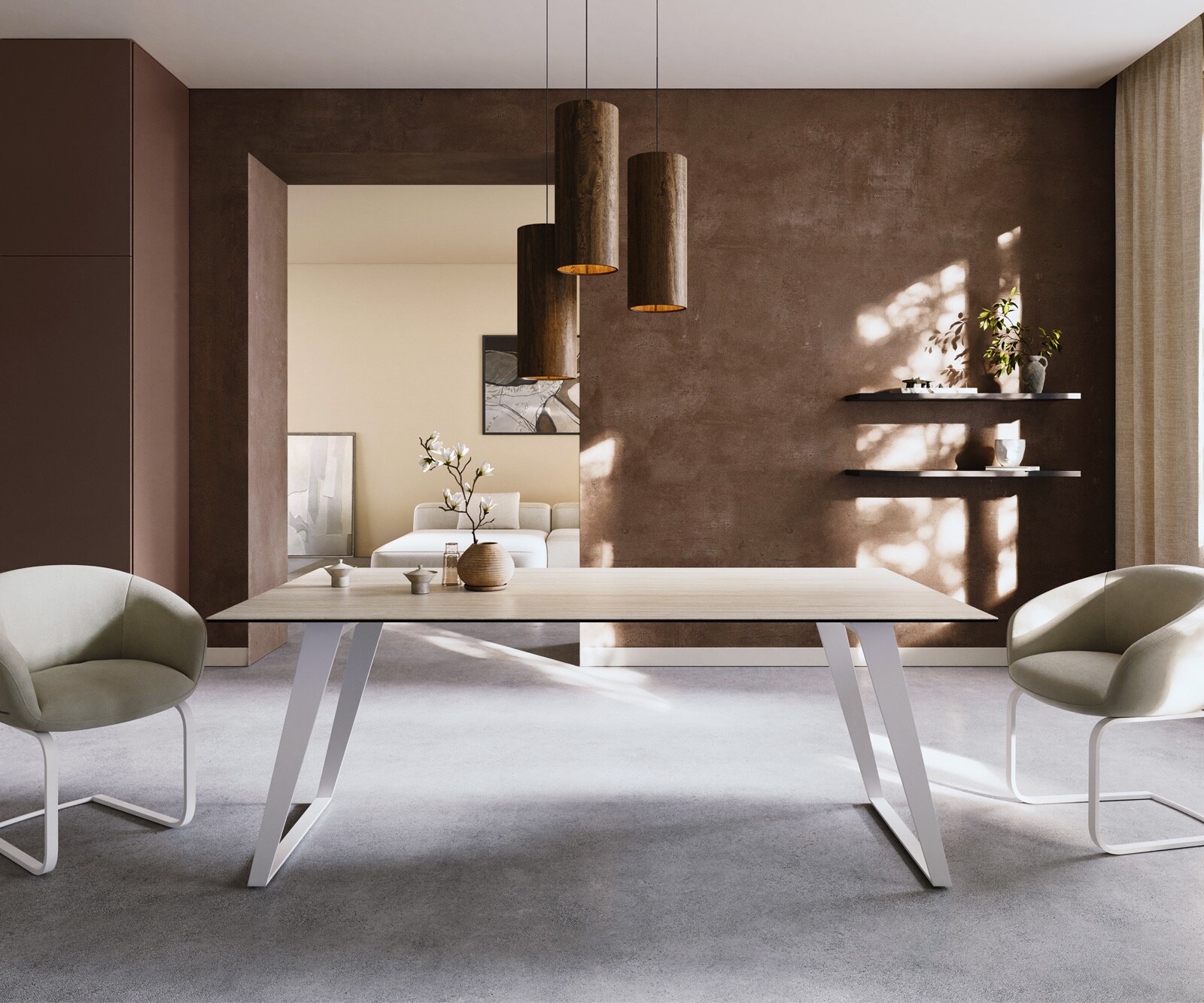 Eettafel Edge 200x100 keramiek  Laminam® Travertino Bianco Creme-wit metaal schuin wit