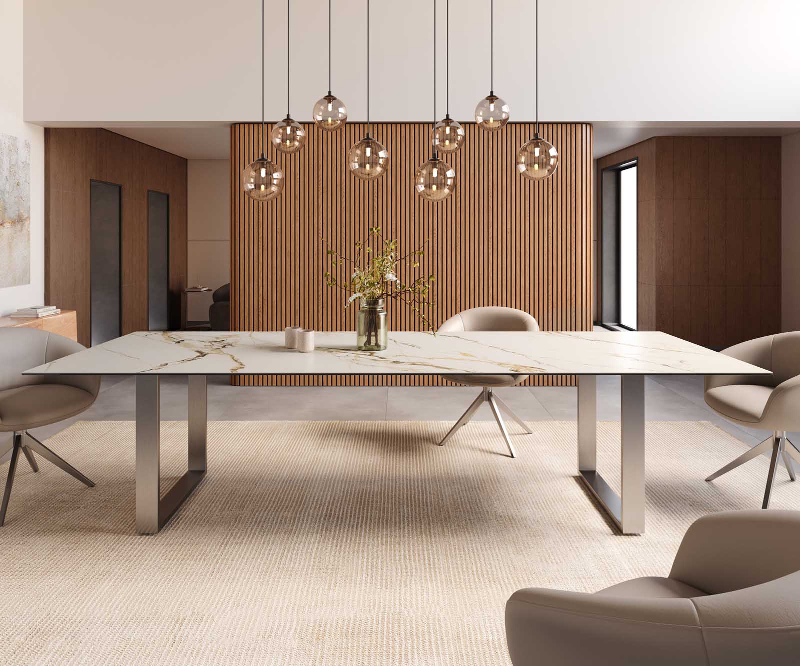 Eetkamertafel Edge 300x100 keramiek Calacatta Luxe wit-goud-grijs RVS Schmal 2
