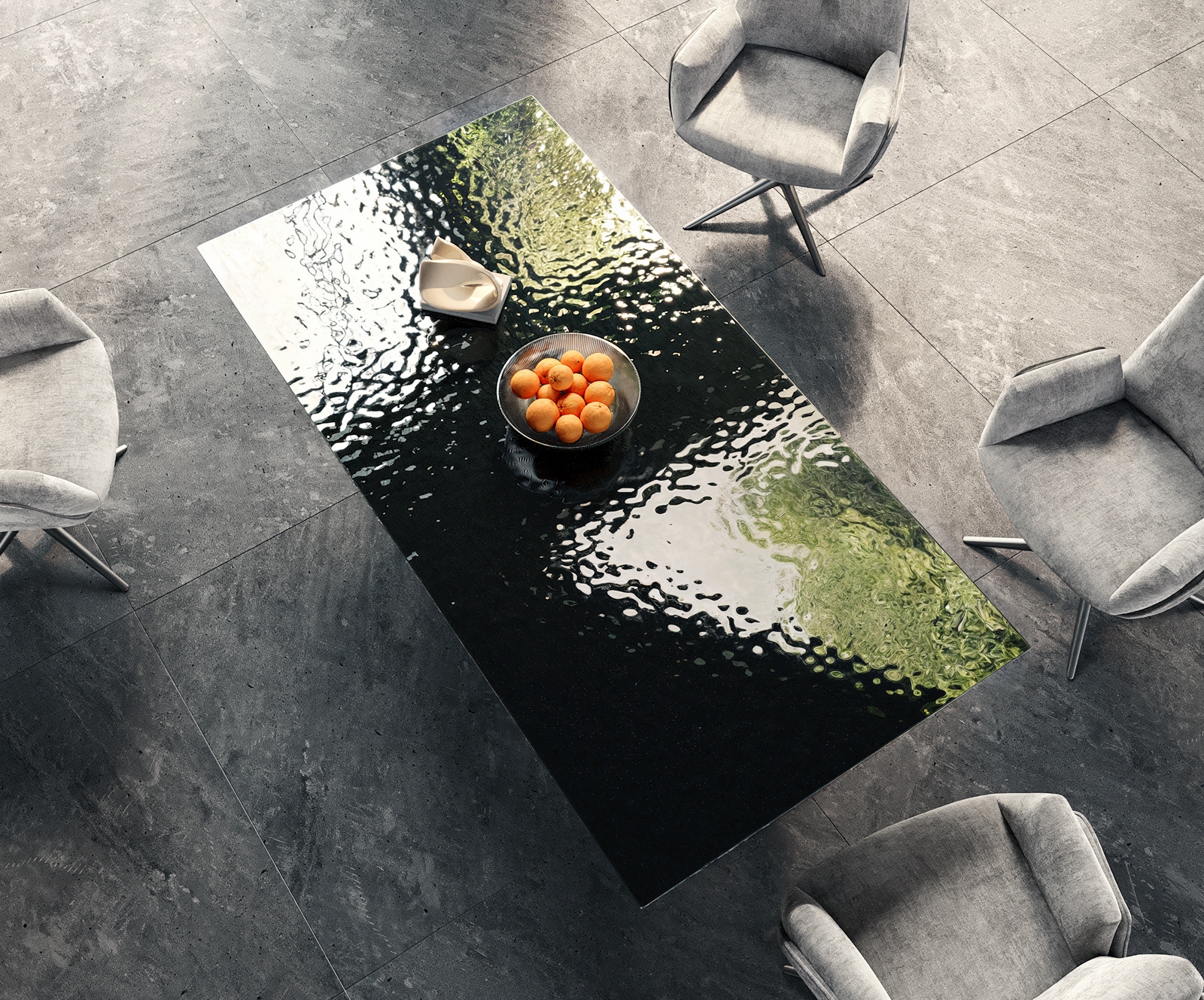 Eetkamertafel Edge 200x100 Glas smelten rokerig zwart 3D-Relief RVS Schmal 4 Eetkamertafel Edge 200x100 Glas smelten rokerig zwart 3D-Relief RVS Schmal 4