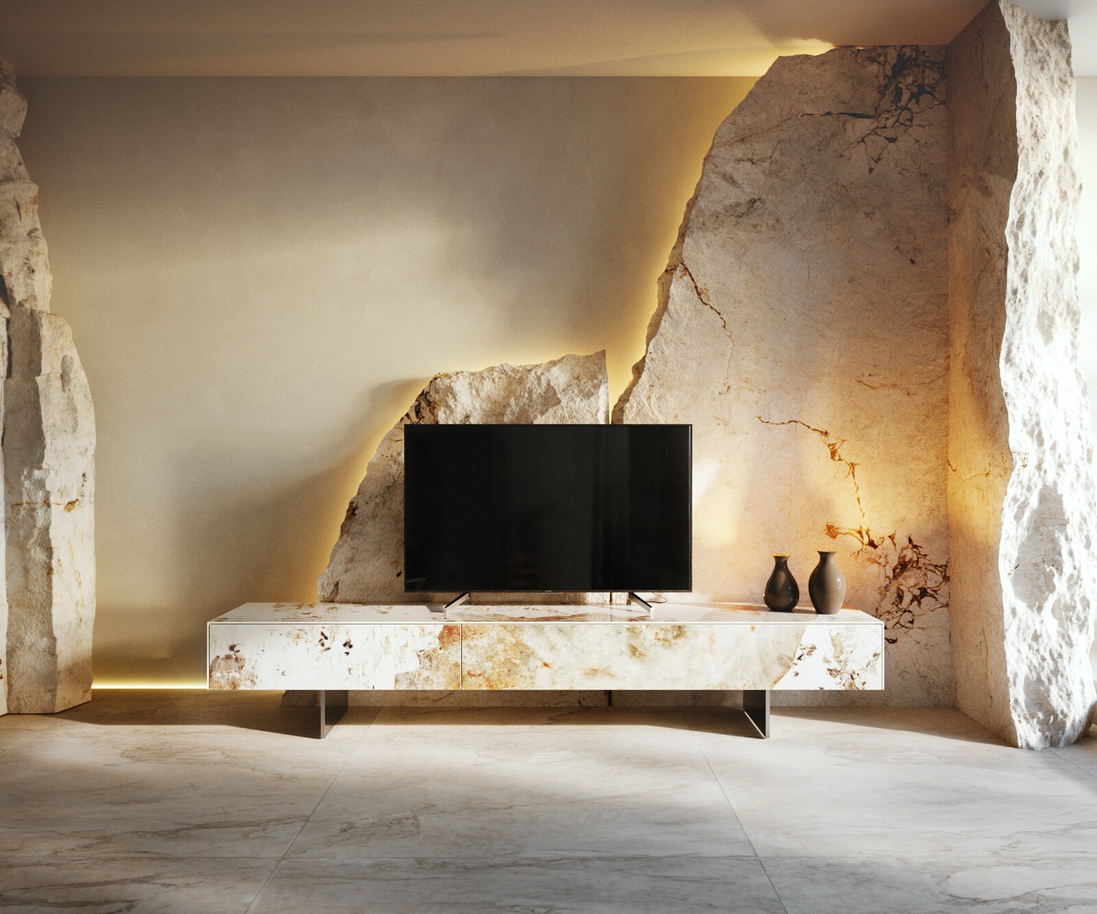 Tv-meubel Cuor 200 cm Keramiek Minas Melange Wit-beige 1 Flap 1 Lade Zwevende voet look Roestvrij staal