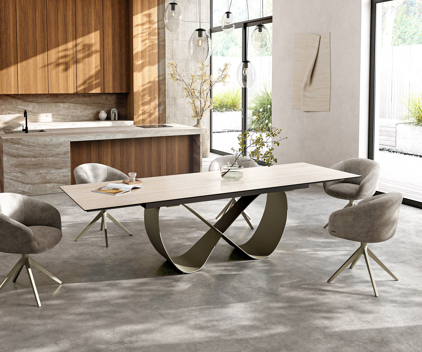 Eettafel Edge 200-300x100 keramiek  Laminam® Travertino Bianco Creme-wit Infinity metaal effectafwerking Titan uitrekbaar 6