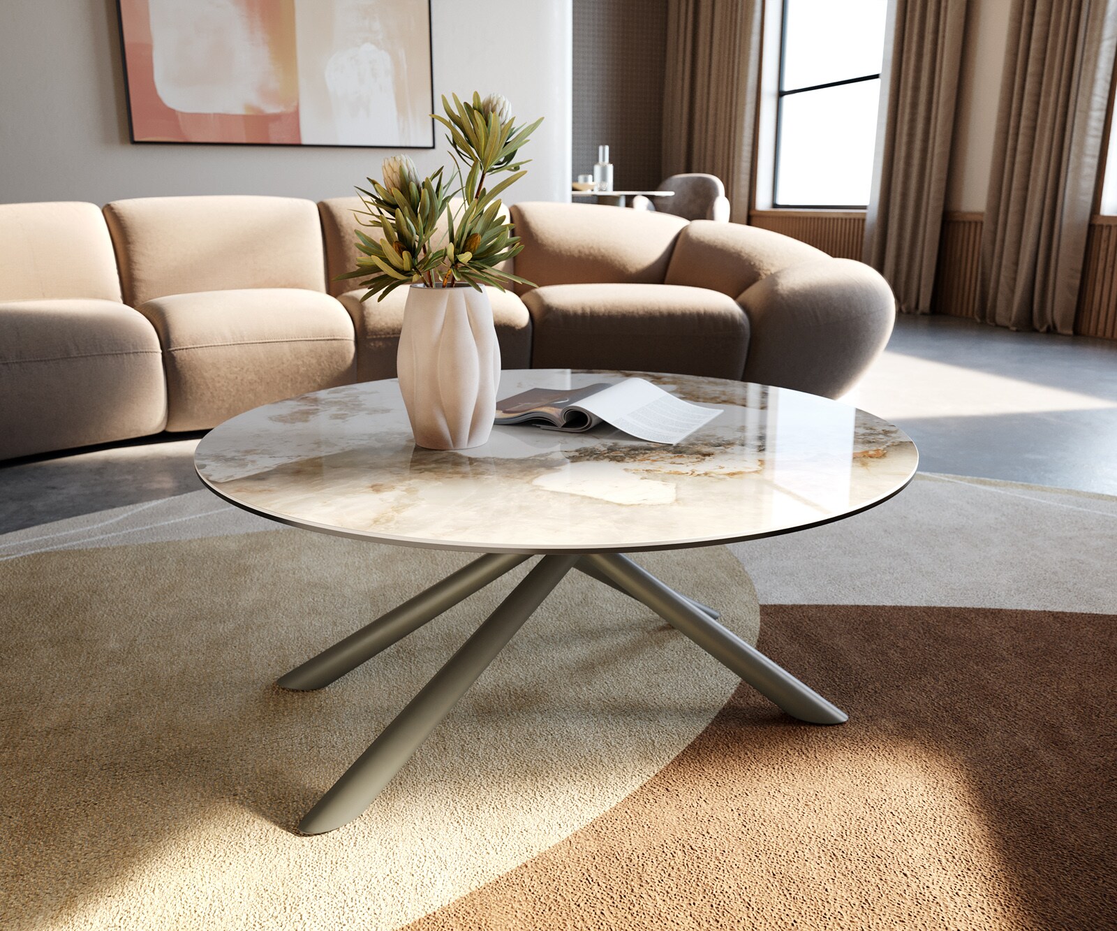 Salontafel Edge rond 90x90 cm keramiek Minas Melange Sarity Metall effectafwerking titaan