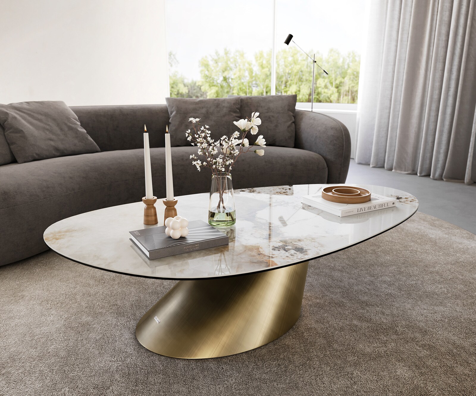 Salontafel Edge Oval 140x75 cm keramiek Minas Melange Conis metallic goud 1