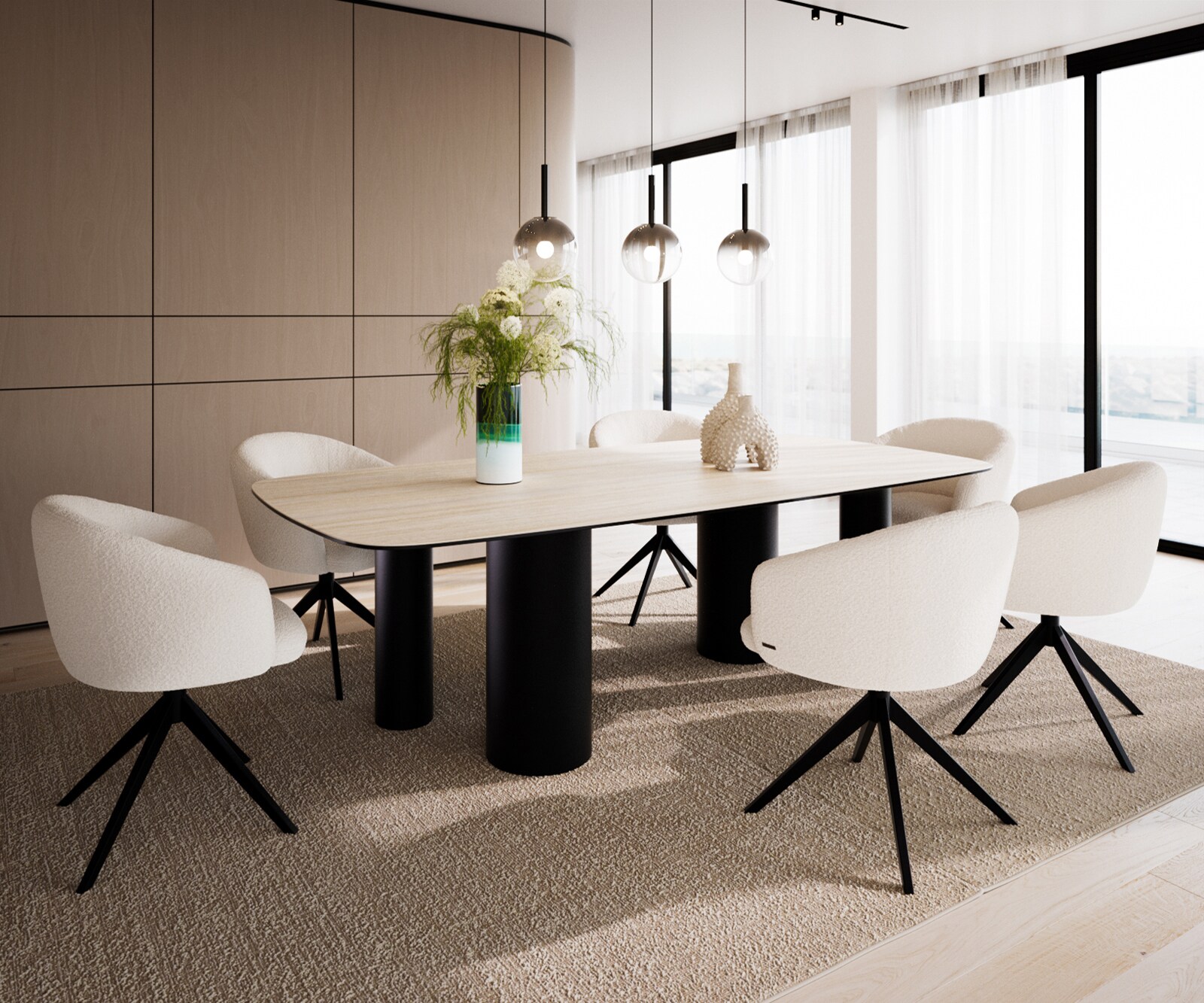 Eetkamertafel Edge Boot 240x120 cm Keramiek Travertin Natuur Pilier Metaal Zwart 4