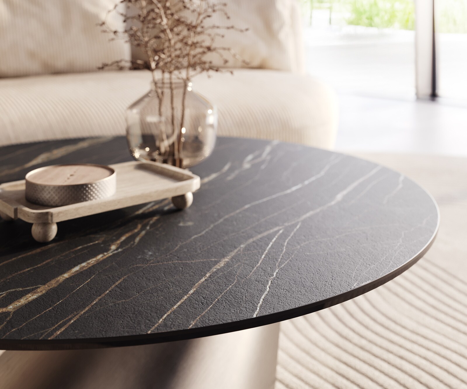 Salontafel Edge rond 100x100 cm keramiek Laminam® Noir Desir bruin Conis geborsteld roestvrij staal 4