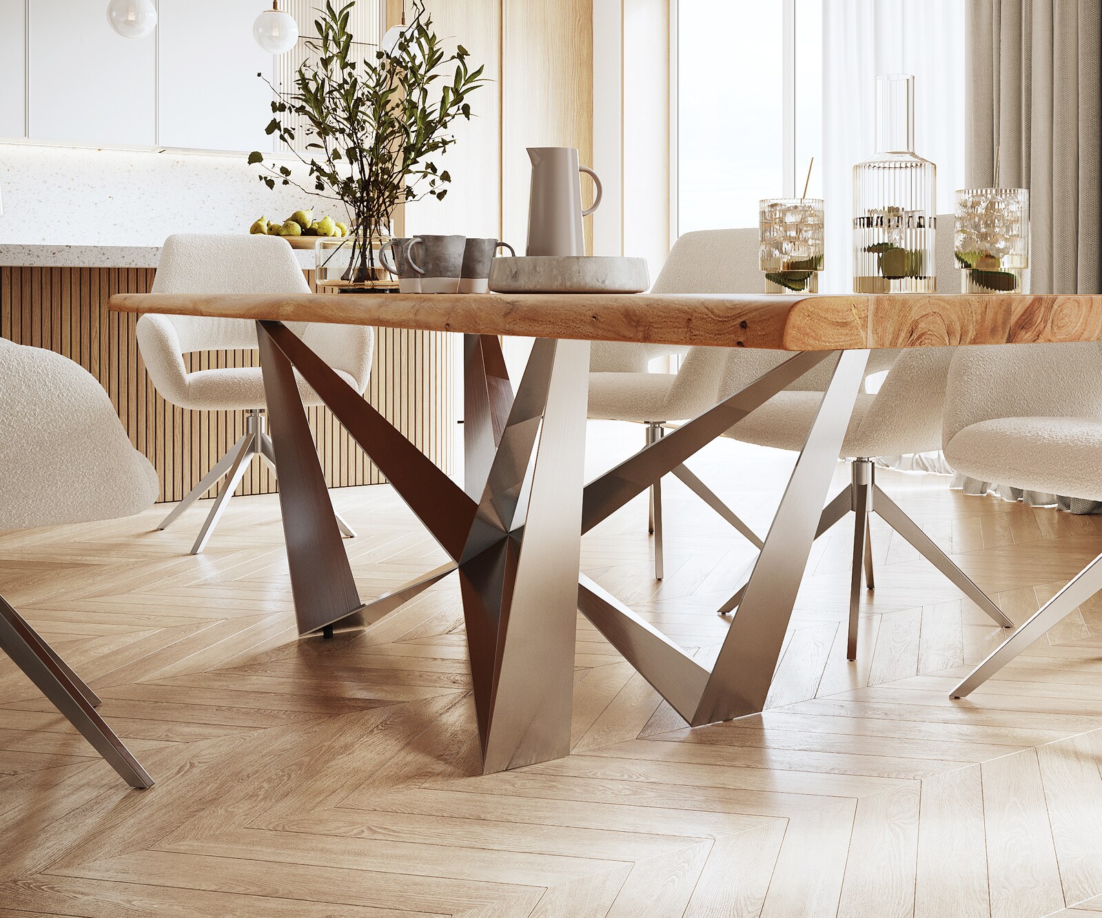 Eettafel Edge 300x100 XL acacia natuur Spider staal  roestvrij staal  Live-Edge 5