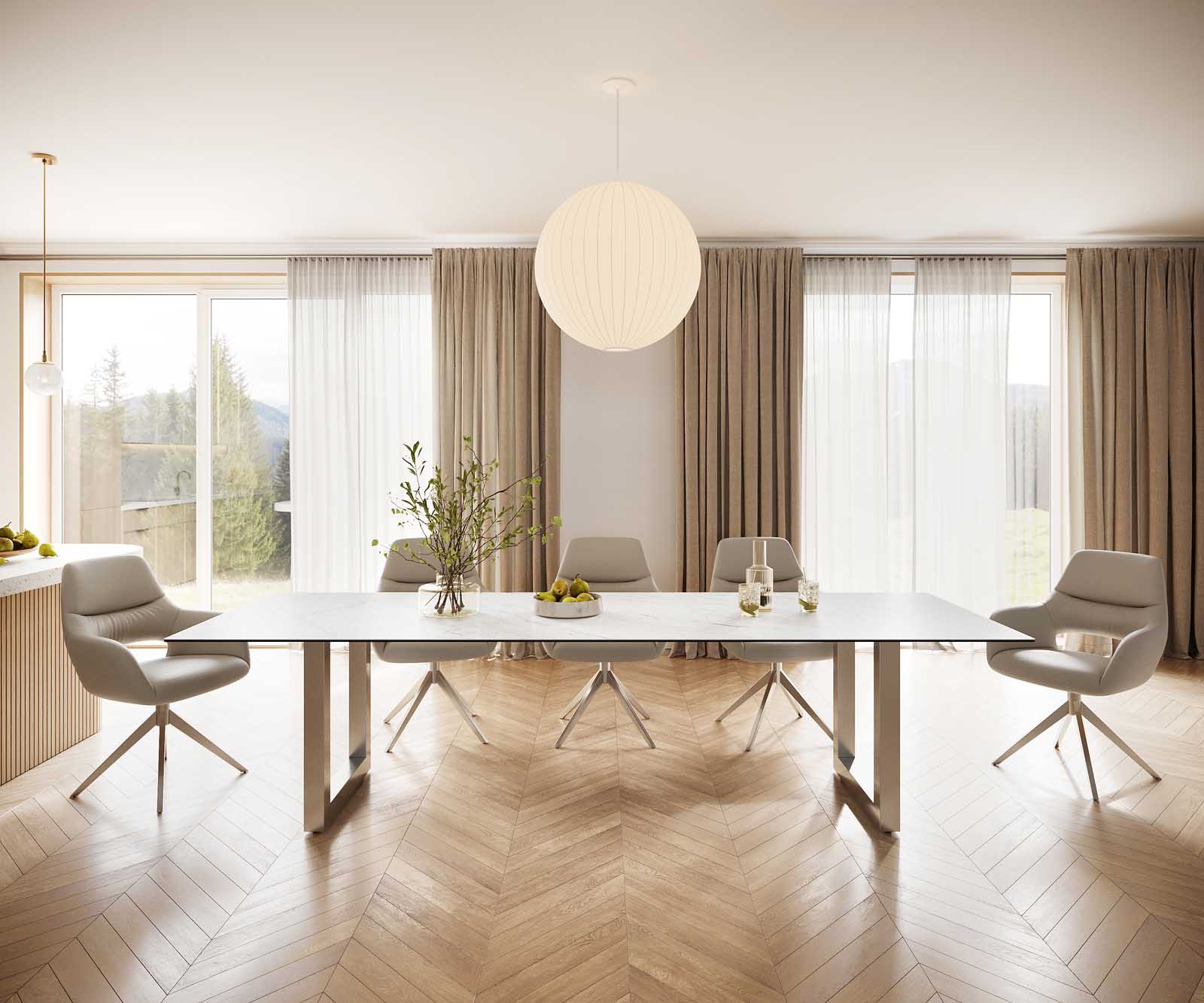 Eettafel Edge 300x100 keramiek Laminam® Statuarietto wit roestvrij staal breed 1