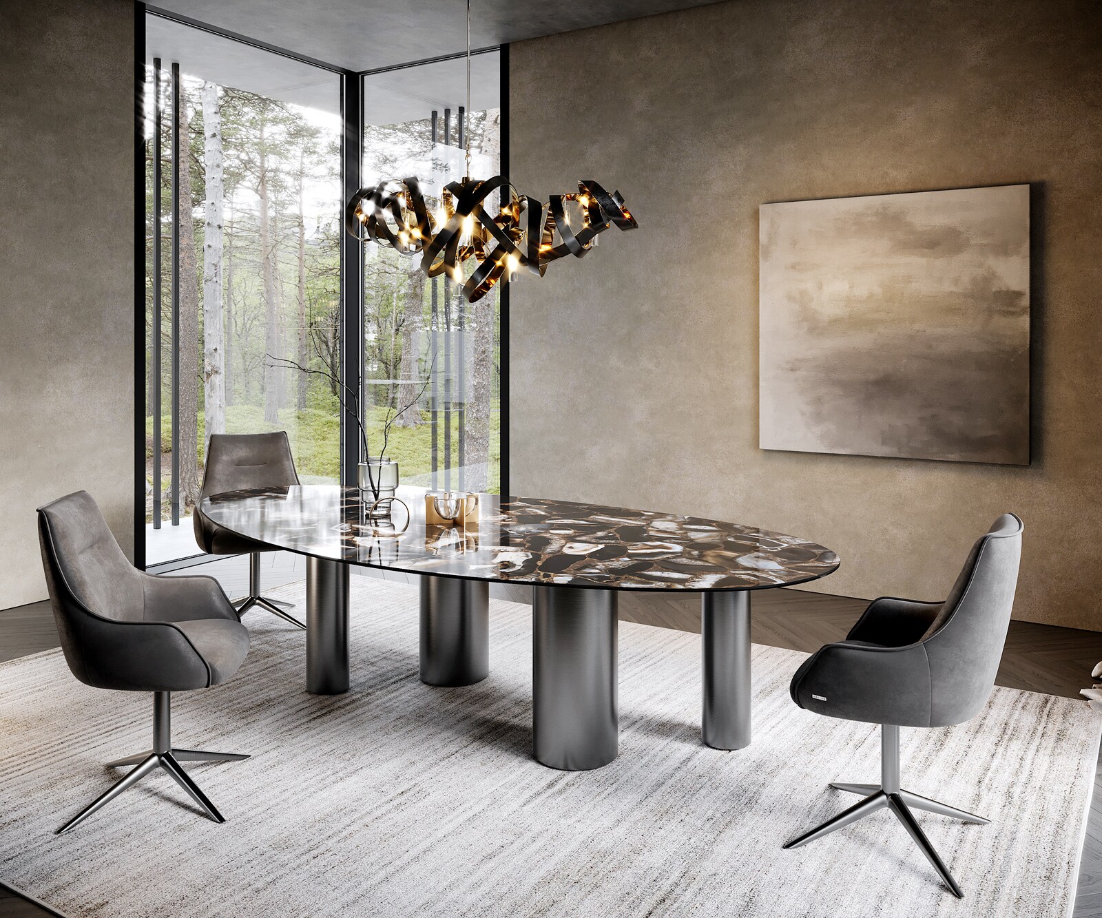Eetkamertafel Edge ovaal 280x130 keramiek Iris FMG Agatablack Pilier roestvrij staal grafiet 5