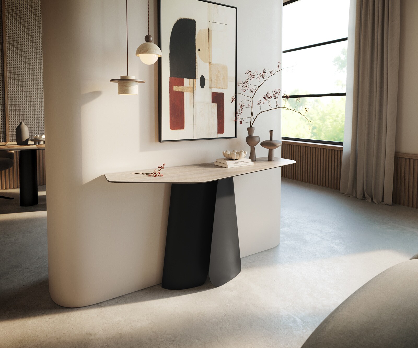 Consoletafel Edge Polygonaal 140x50 cm Keramiek Laminam® Travertino Bianco Creme-Weiß Livos Metaal Zwart 1