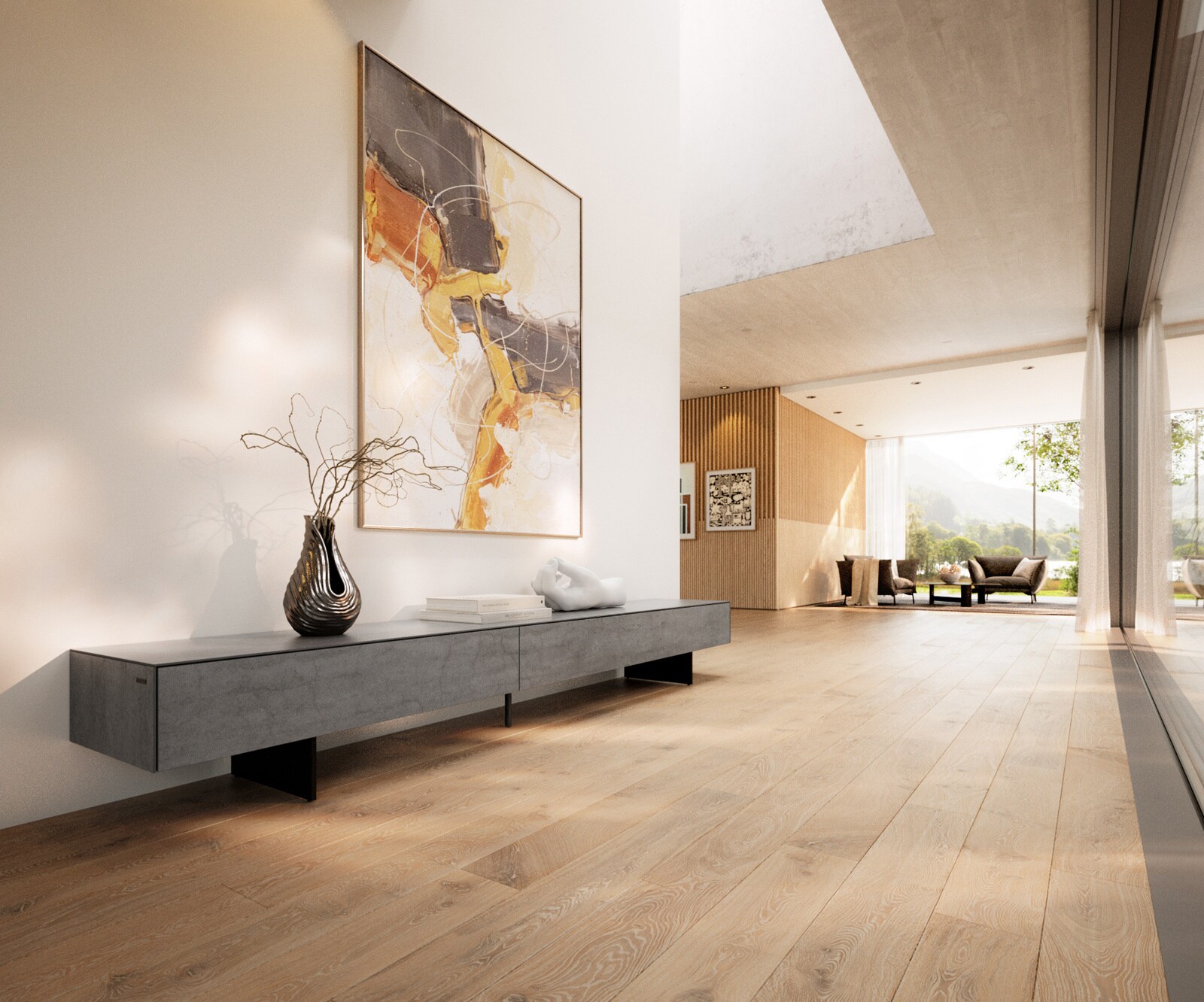 Tv-meubel Cuor 250 cm Keramiek Beton Grijs 1 Flap 1 Laden Zwevende voet look Metaal Zwart 1