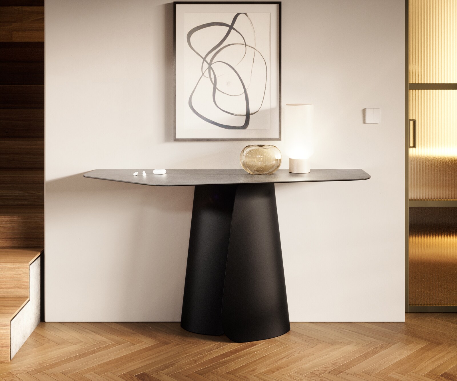 Consoletafel Edge Polygonaal 140x50 cm Keramiek Betongrijs Livos Metaal Zwart 3