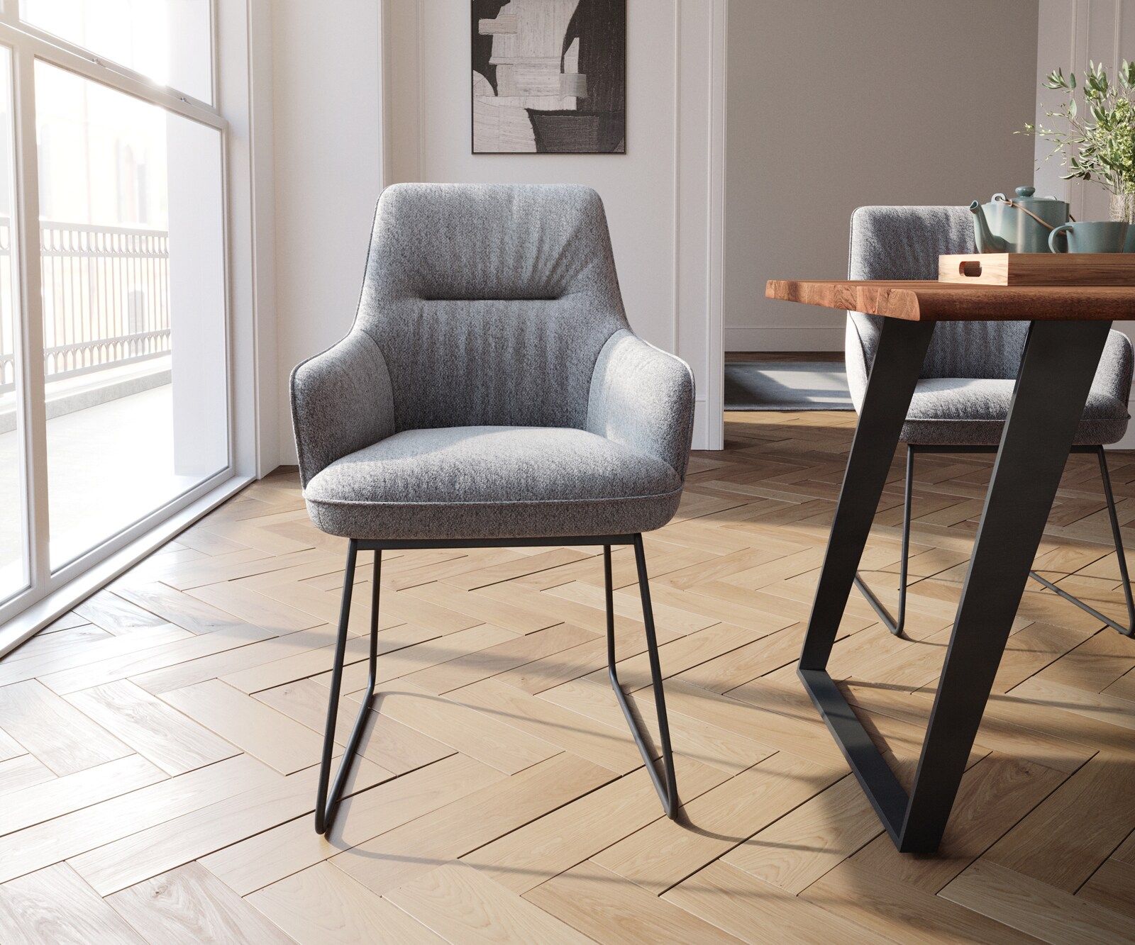 Eetkamerstoel Zelia-Flex met armleuning structuurstof lichtgrijs slipframe zwart pocketveer kern 2