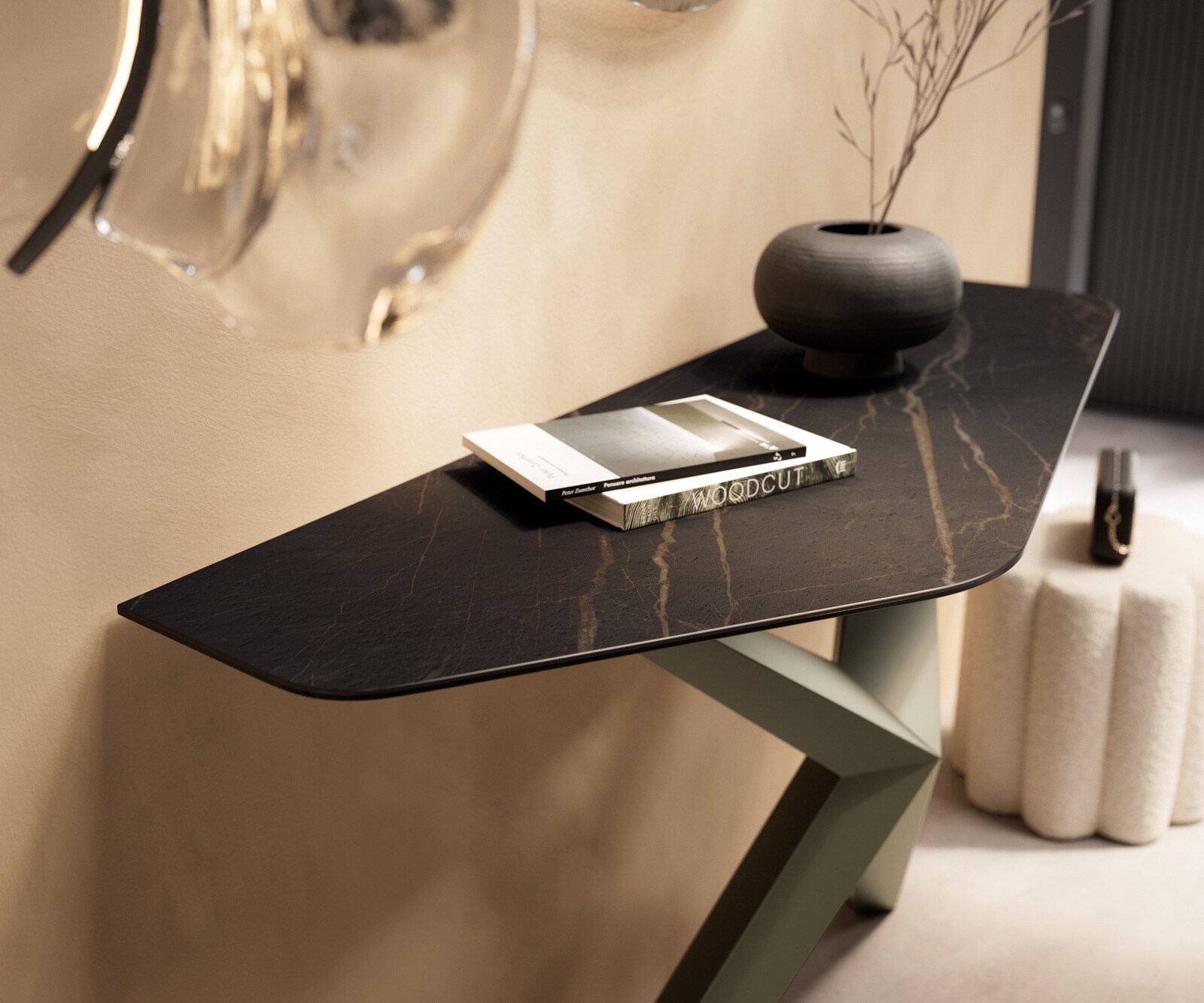 Consoletafel Edge Polygonaal 140x50 cm Keramiek Laminam® Noir Desir Braun Zentharo Metaal Effektfinish Titan 6
