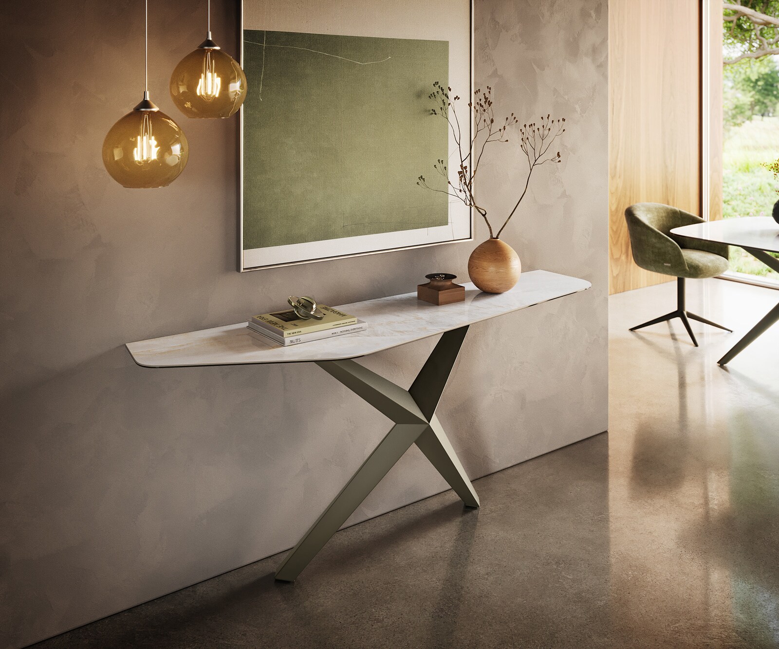 Consoletafel Edge Polygonaal 180x50 cm Keramiek Onyx Pearl Zentharo Metaal Effektfinish Titan 1