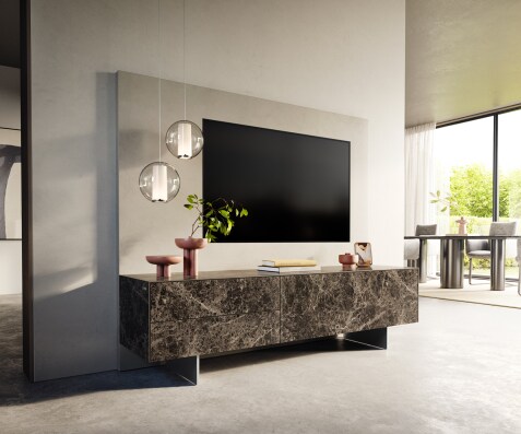 Tv-meubel Cuor 180 cm Keramiek Emperador Extra Lucidato Donkerbruin 1 Flap 2 Laden Zwevende voet look Roestvrij staal