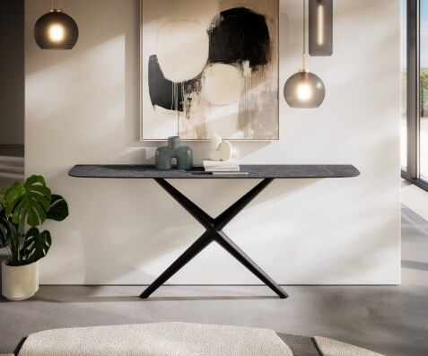 Consoletafel Edge Bootvorm 180x40 cm Keramiek Laminam® Nero Greco Anthrazit Estelo Metaal Zwart