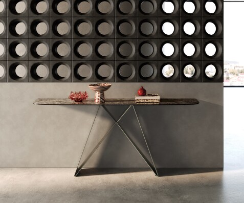 Consoletafel Edge Bootvorm 180x40 cm Keramiek Emperador Extra Lucidato Dunkelbraun Velio Metaal Effektfinish Titan