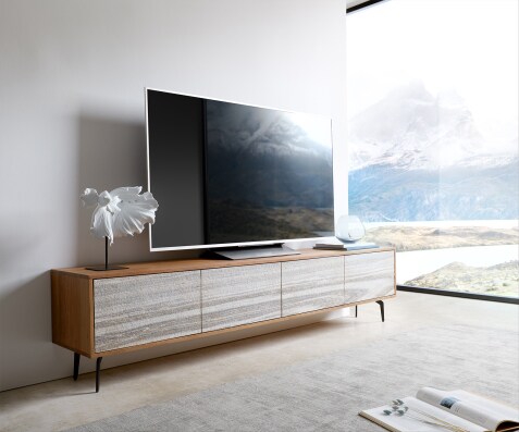 Tv-meubel Kleo 200 cm acacia natuur 4 deurs hoekvoet metaal zwart