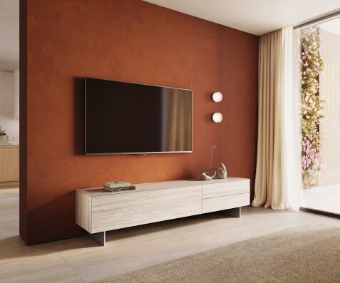 Tv-meubel Cuor 220 cm Keramiek Laminam® Travertino Bianco Crème-wit 1 Flap 2 Laden Zwevende voet look Roestvrij staal