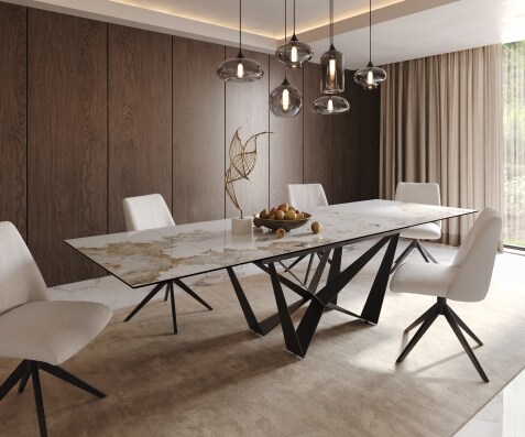 Eetkamertafel Edge 200-300x100 keramiek Minas Melange wit-beige spider vlak staal zwart uitschuifbaar