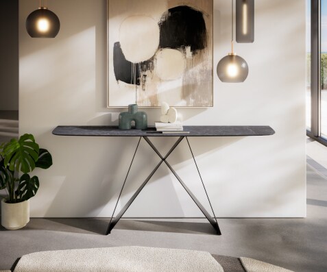 Consoletafel Edge Bootvorm 180x40 cm Keramiek Laminam® Nero Greco Anthrazit Velio Metaal Zwart