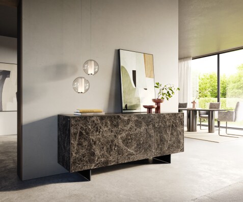 Dressoir Cuor 180 cm Keramiek Emperador Extra Lucidato Donkerbruin 2 Deuren 3 Laden Zwevende voet look Metaal Zwart