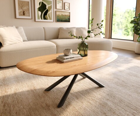 Salontafel Edge Oval 140x75 cm Eiken Naturel ronde rand Sarity zwart metaal