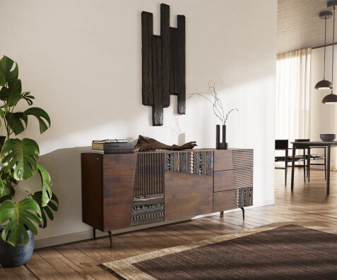 Dressoir Imara 175 cm mango bruin 2 deuren 3 lades hoekpoot metaal zwart