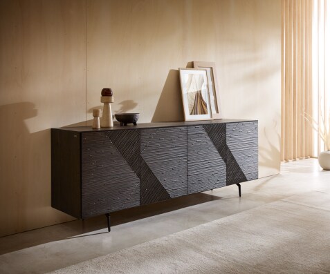 Dressoir Tereos 200 cm essenhout donkerbruin 3D-effect 4 deuren hoekpoot metaal zwart