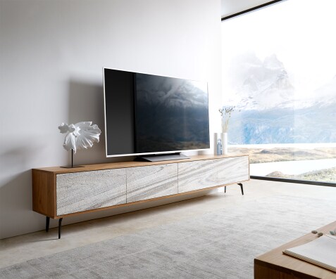 Tv-meubel Kleo 220 cm acacia natuur 4 deurs hoekvoet metaal zwart