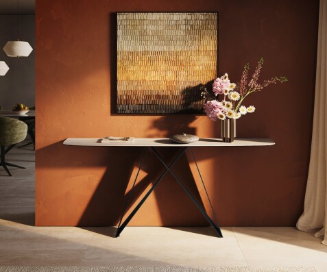 Consoletafel Edge Bootvorm 180x40 cm Keramiek Laminam® Travertino Bianco Creme-Weiß Velio Metaal Zwart
