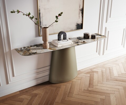Consoletafel Edge Bootvorm 180x40 cm Keramiek Patagonia Poliert Conos Metaal Effektfinish Titan